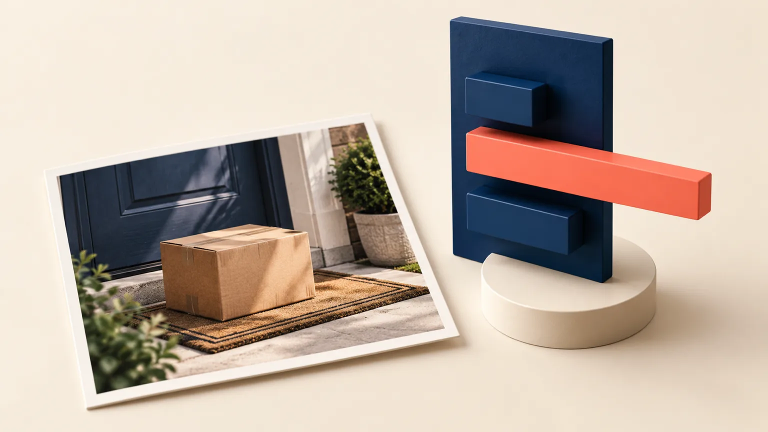 A photo of a parcel on a doorstep beside three probability bars, the kind of image decision Jev-Omni answers