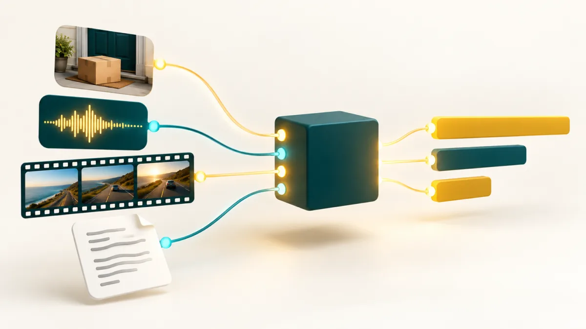 Jev-Omni diagram: a photo, an audio waveform, video frames and a text page flow into one model that outputs probability bars