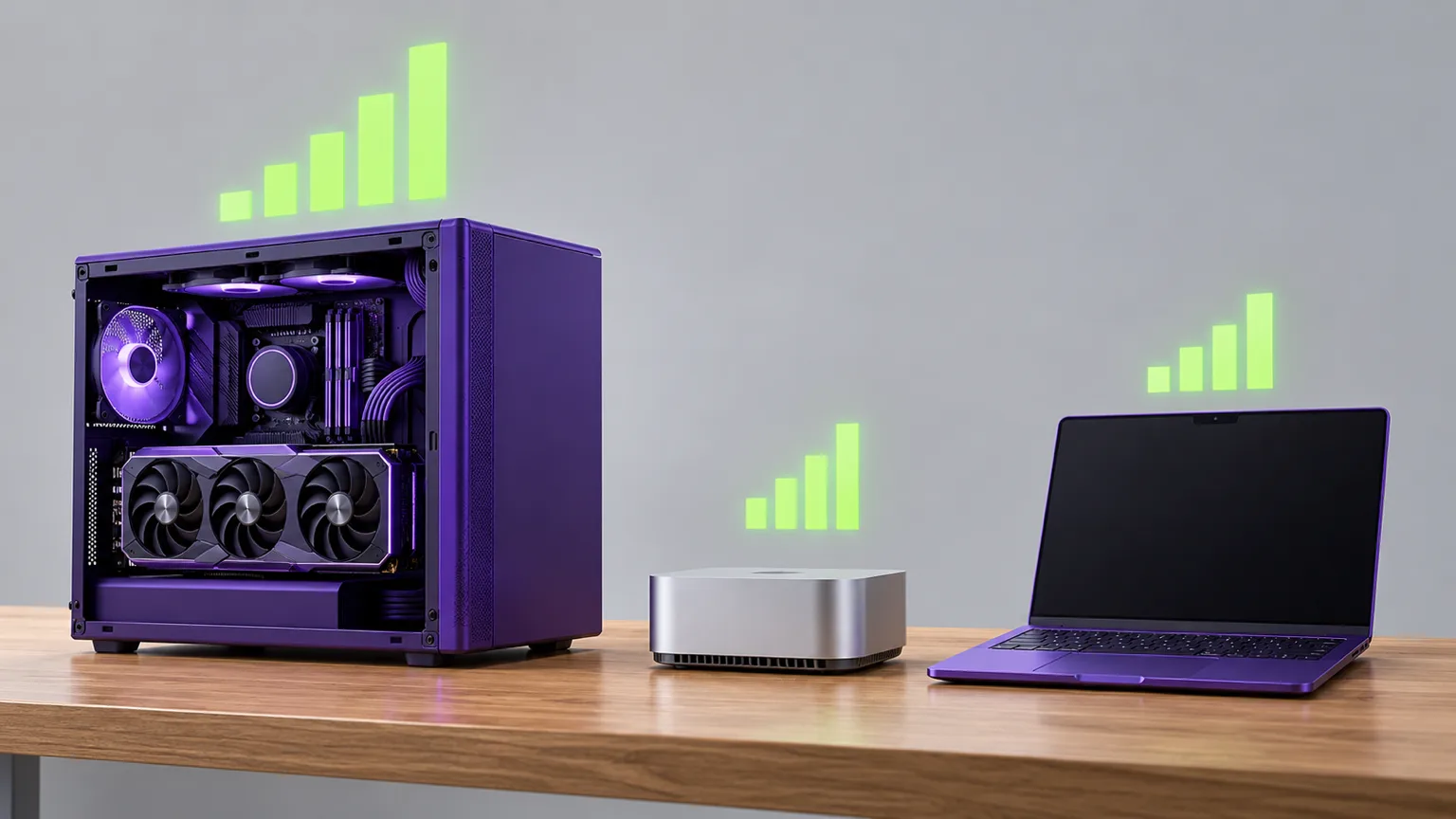 A GPU workstation, a small silver desktop and a laptop side by side, the hardware that runs Jev-Omni locally